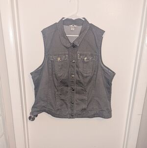 CJ Banks Charcoal Denim Vest with Embellished Pockets